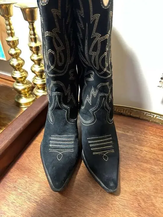 Wilsons Leather Black Suede Tall Western Cowboy Boots with Contrast Stitching - Picture 4 of 11